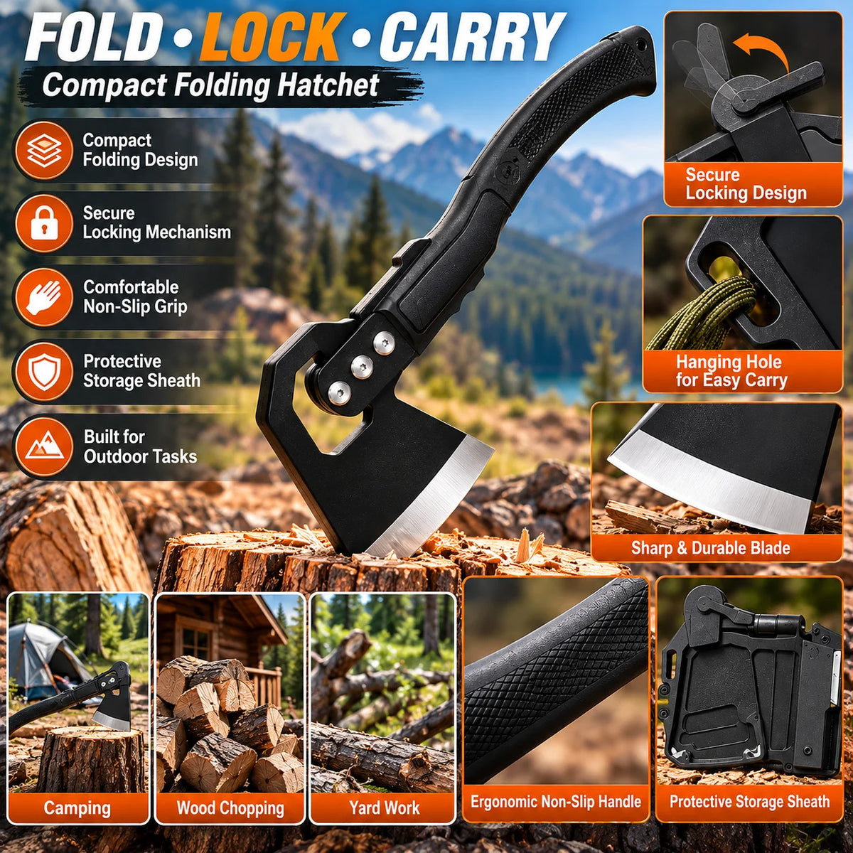 Portable Folding Hatchet With Protective Sheath, Compact Camping Axe With Locking Design, Ergonomic Non-Slip Handle, Durable Outdoor Hand Tool For Camping, Wood Chopping, Hiking & Emergency Preparedness