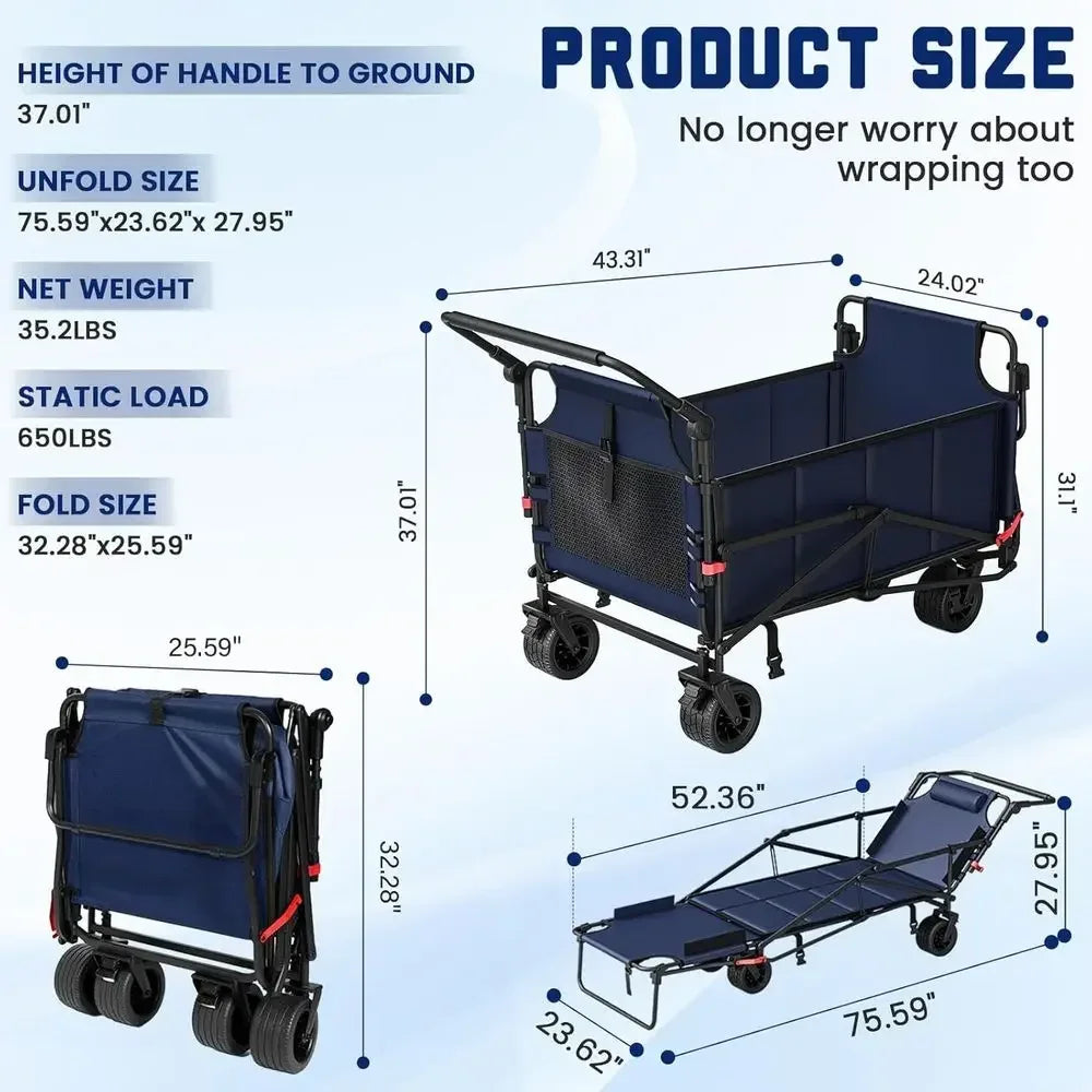Durable 2-in-1 Collapsible Utility Wagon with 650lb Capacity, All-Terrain Wheels, Brakes, and Side Baskets - Blue