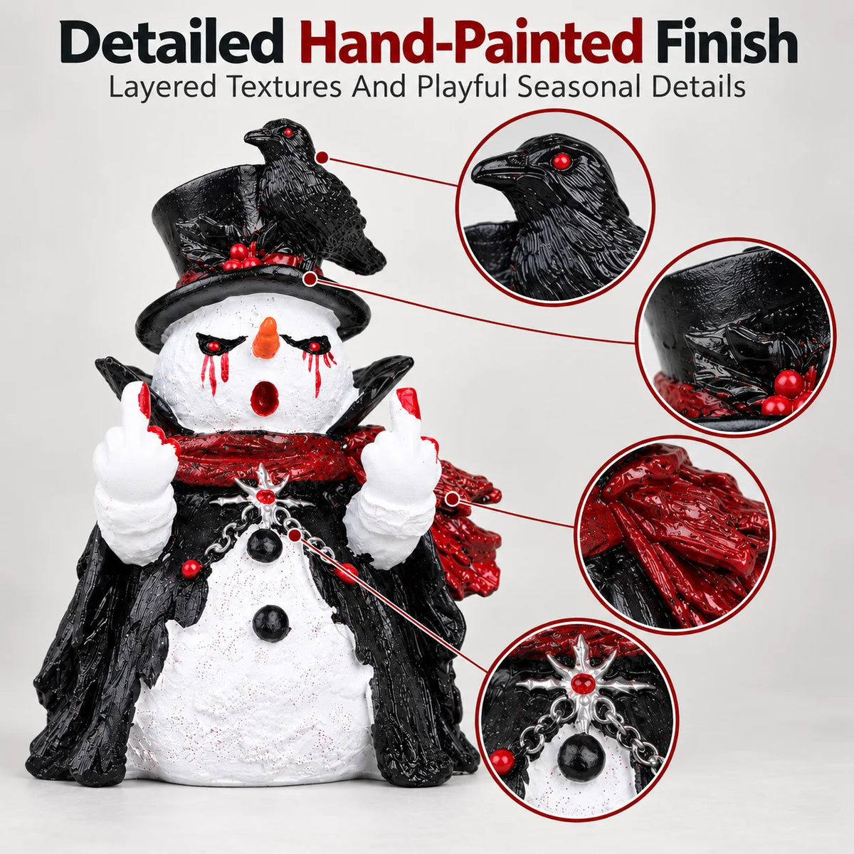 Hodao Gothic Christmas Snowman Figurine, Cute Funny Resin Statue with Black Raven, Top Hat Red Scarf and Cloak, Collectible Halloween Tabletop Decor for Shelf Mantel Office Desk Entryway Bedroom, Winter Holiday Party Display,