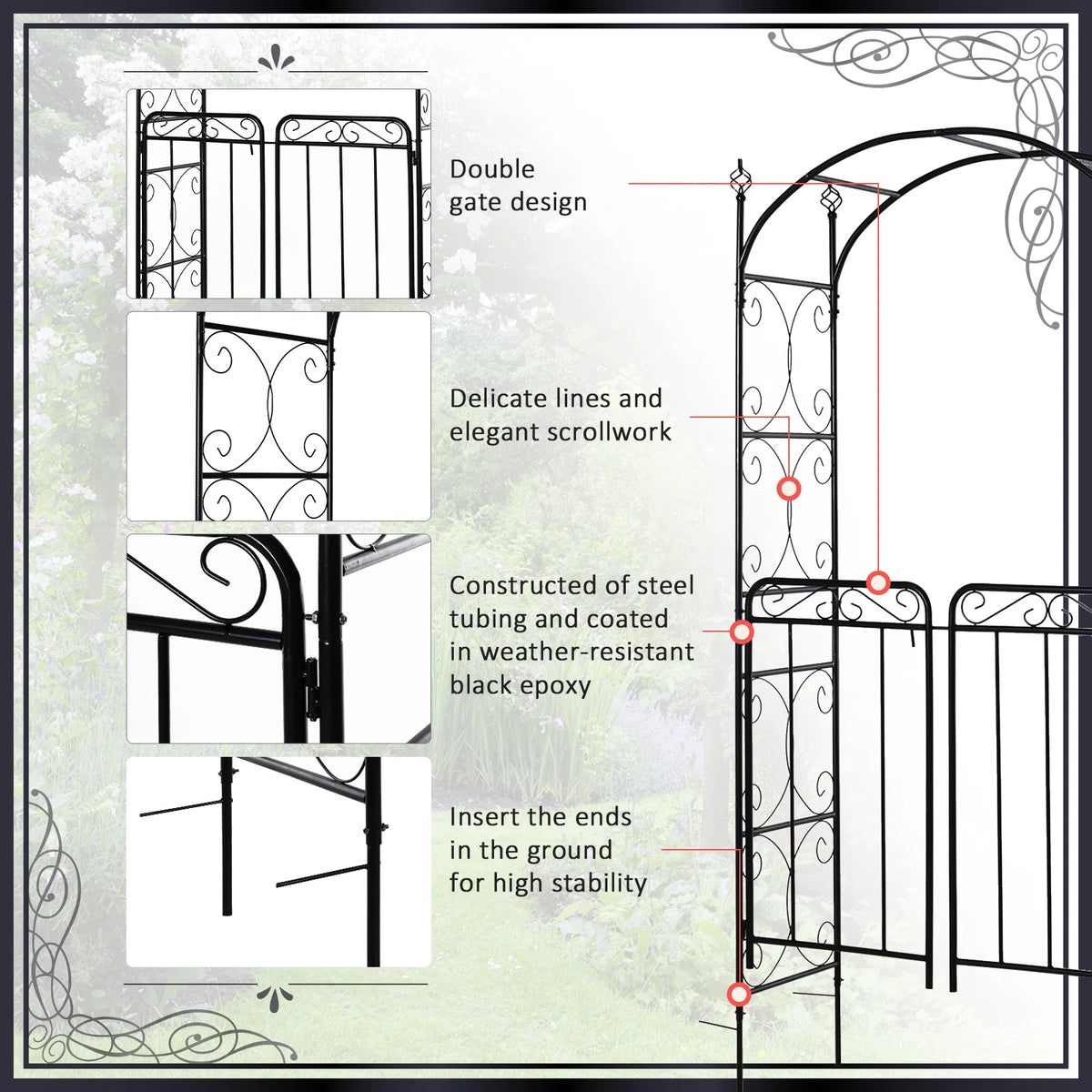 2.1M/85" Metal Garden Arbor Arch w/ Gate, Backyard Decor Climbing Planter Frame