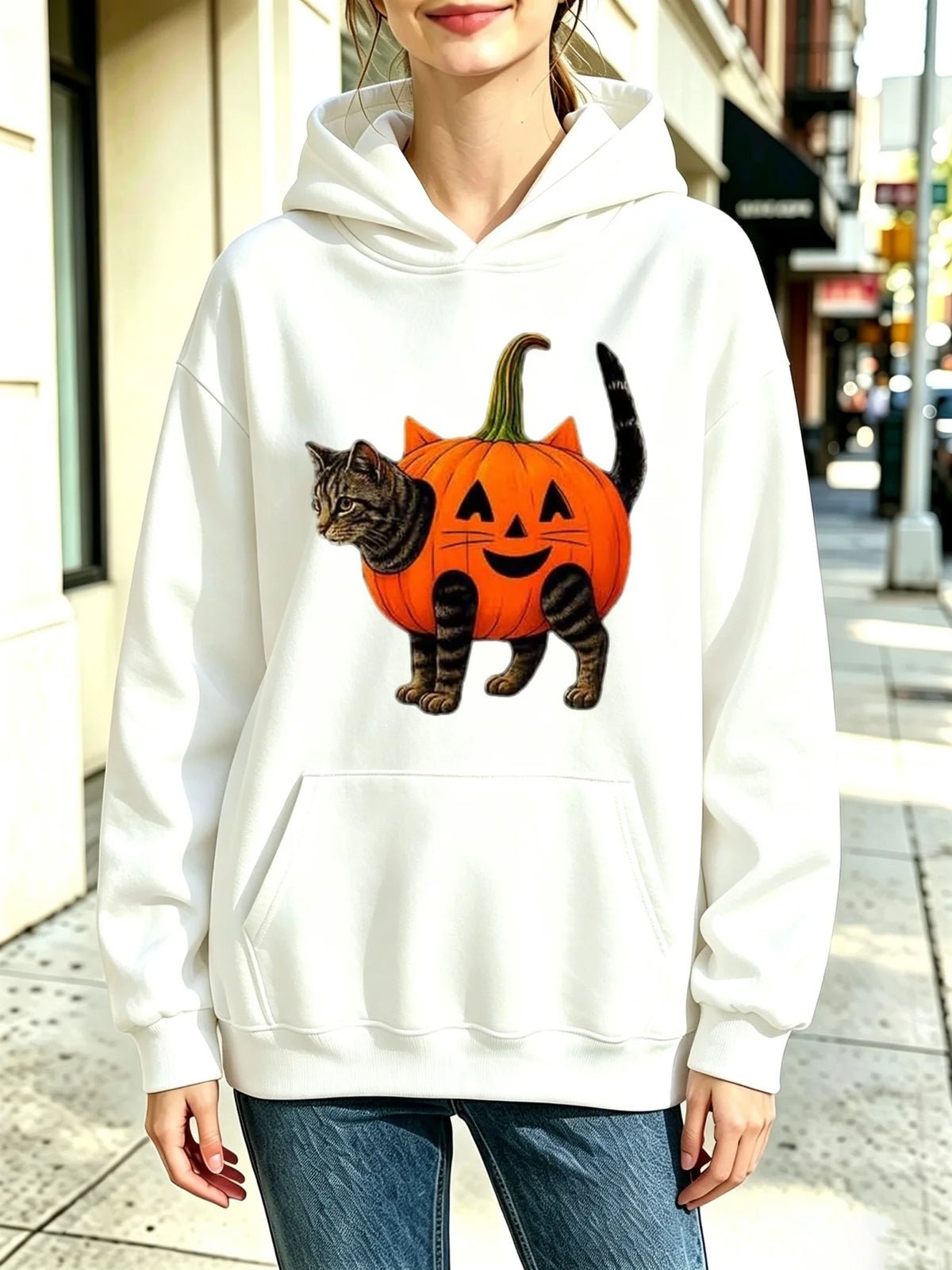 Women'S Hooded Sweatshirt Halloween Pumpkin Cat Hybrid Print Design Casual Basic Style Relaxed Fit, Fall Winter Daily Outdoor Lounge Work Wear, Soft Fleece Lined, Long Sleeve with Kangaroo Pocket, Multi-Colors