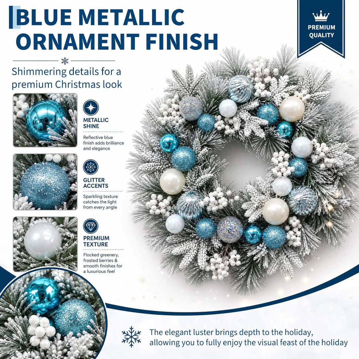 24 Inch Flocked Blue Christmas Wreath For Front Door, 20 Warm LED Lights, 8 Modes & Timer, Battery Operated, Snowy Pine & White Berries