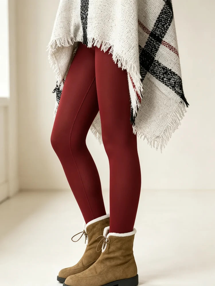 Women's Christmas High-Waisted Tight Leggings, with a Wine-Red Base Color and a Christmas-Themed Print Design - a Layered Style Suitable for Casual Weekend Parties in Autumn and Winter.