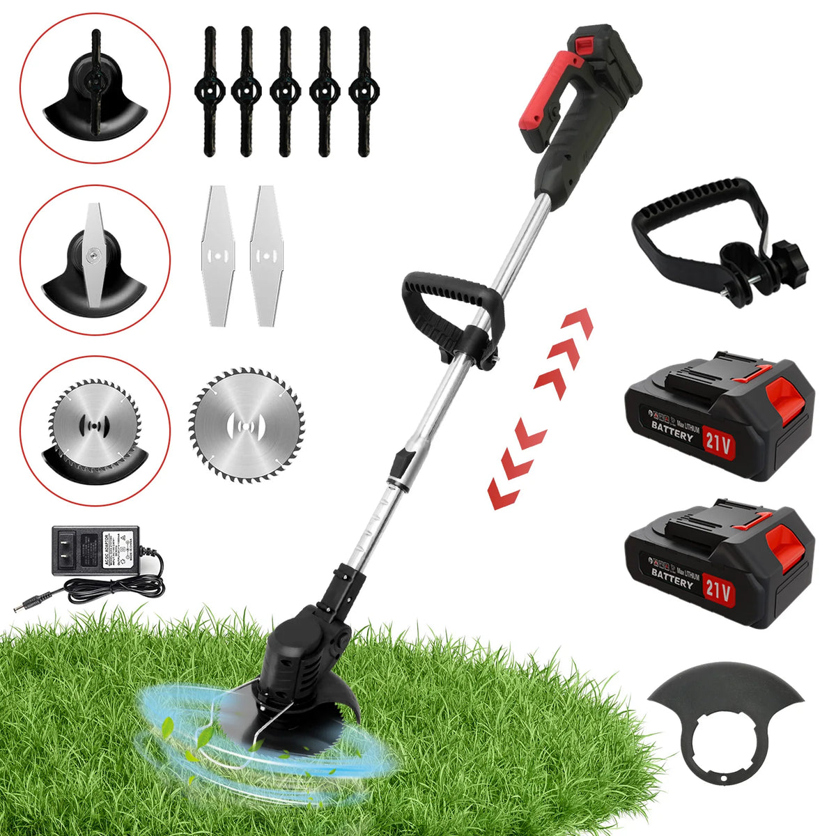 3-in-1 Grass Trimmer U-Handle 21V Weed Whacker Lawn Mowers 31.50-48.03 Inches Telescopic with 3 Blades 2 Batteries & Charger for Yard Garden Lawn & Shrub Trimming