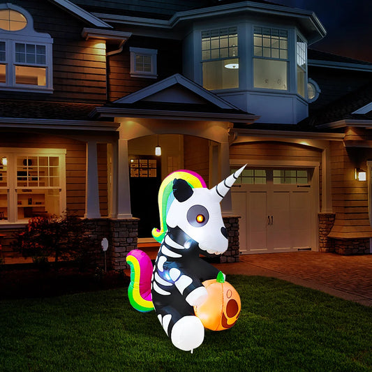 5 FT Halloween Inflatables Skeleton Decor Outdoor, Blow Up Decorations Sitting Skeleton Unicorn with LEDs for Halloween Decorations Outside, Yard Decor