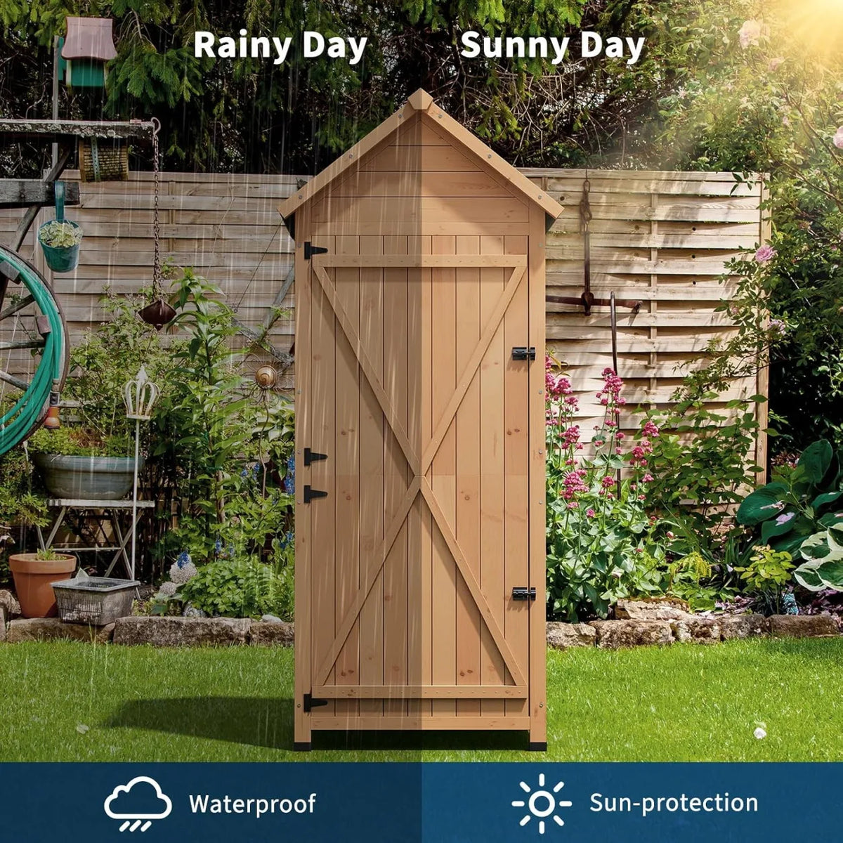 Outdoor Wooden Storage Cabinet Garden Tool Shed with Lockable Door Shelves Waterproof Sloped Roof Raised Base Vertical Organizer for Patio Backyard Yard Lawn Equipment and Garden Supplies