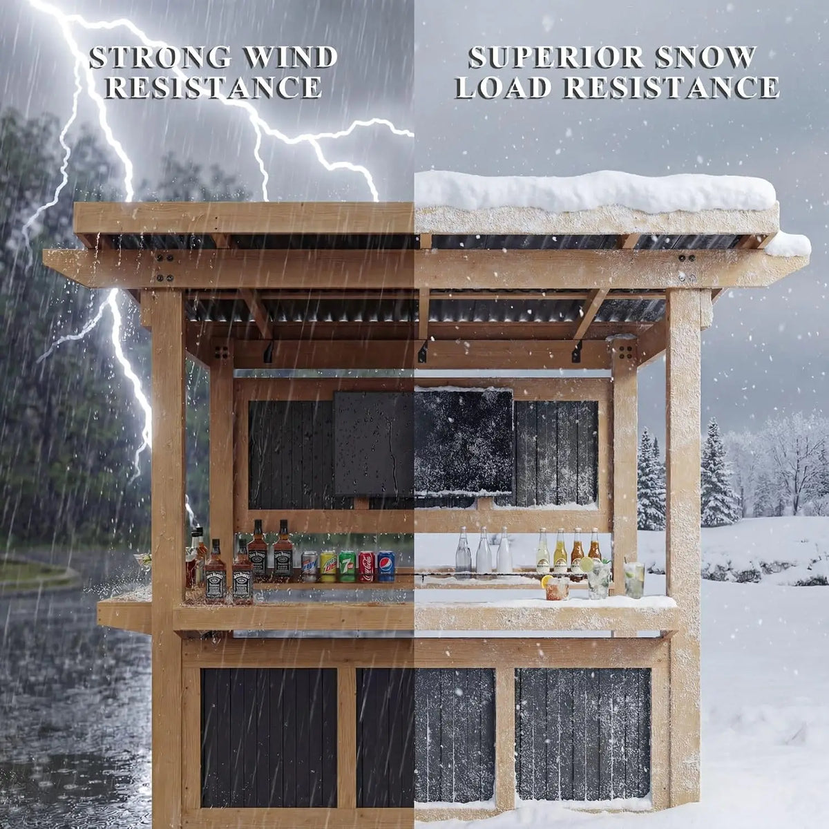 6'×7' Outdoor Gazebo Bar, Cedar Wood Backyard Gazebo with Dual Counters, PVC Roof, TV Mount & Storage Shelves,, Customized