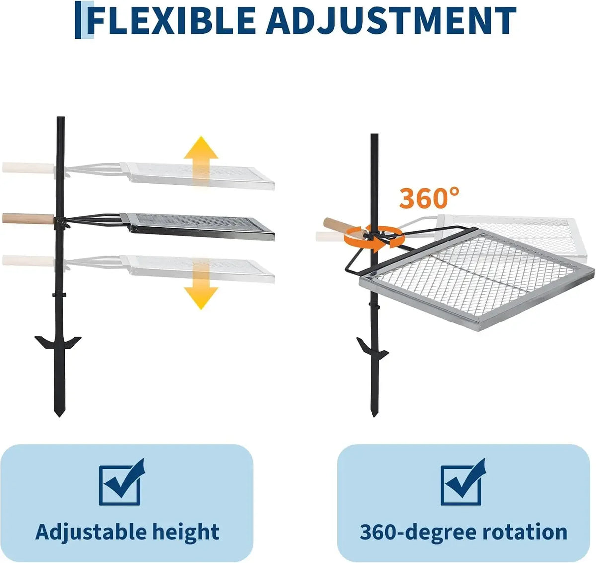 Tacleekii Swivel Campfire Grill 16 X 13 in  Adjustable Diamond Mesh Cooking Surface Detachable Pole Design, Storage Bag, for Fire Pits, Camping, Picnics and Outdoor Cooking
