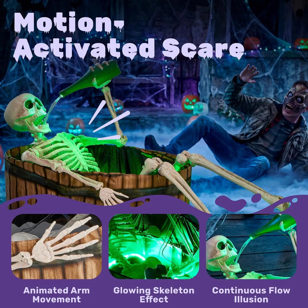 Halloween Outdoor Decoration, 5ft Life-Size Animatronic Drinking Skeleton Haunted Prop with Endless Liquid Pouring Effect, Green LED Lights and Spooky Sounds for Garden Yard Lawn