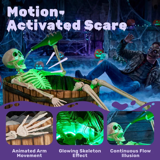 Halloween Outdoor Decoration, 5ft Life-Size Animatronic Drinking Skeleton Haunted Prop with Endless Liquid Pouring Effect, Green LED Lights and Spooky Sounds for Garden Yard Lawn