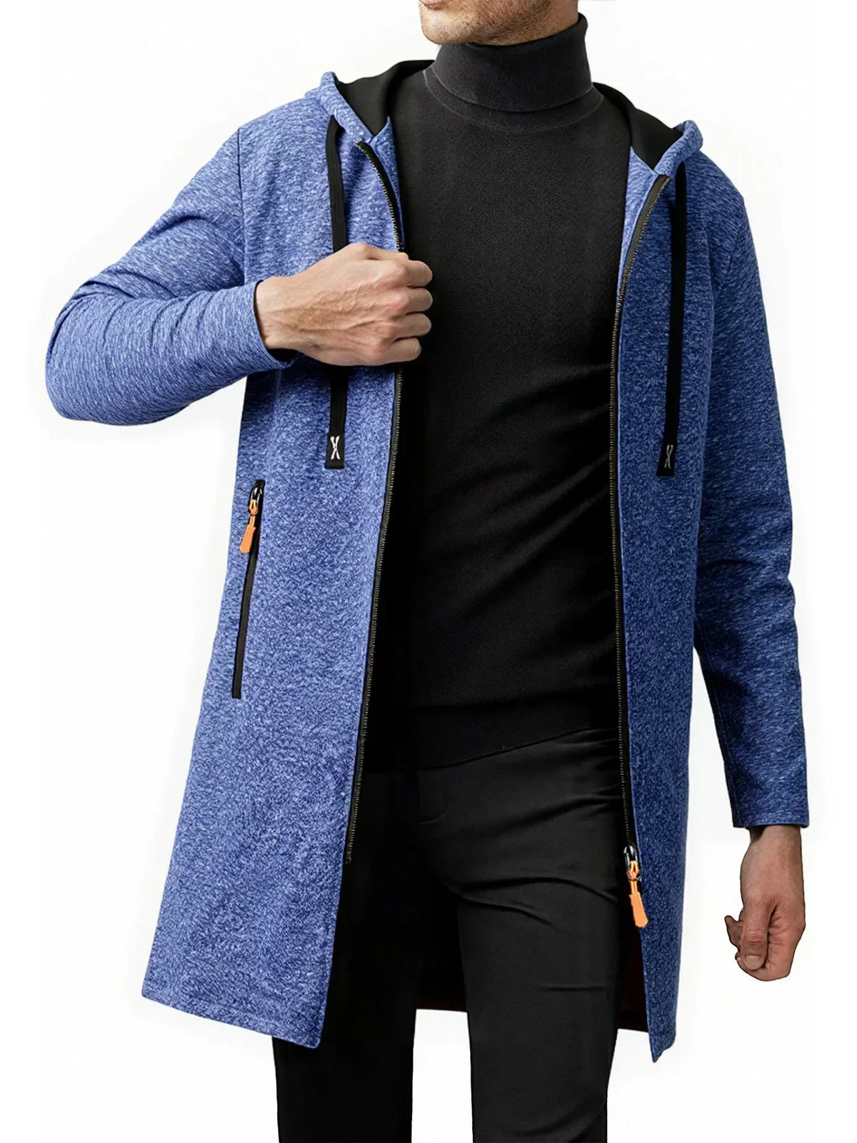 2Pcs Set Men Mid-Length Full Zip Hooded Jacket Fleece Lined Warm Coat with Drawstring Hood & Zipper Pockets Casual Outerwear for Fall Winter Daily Wear