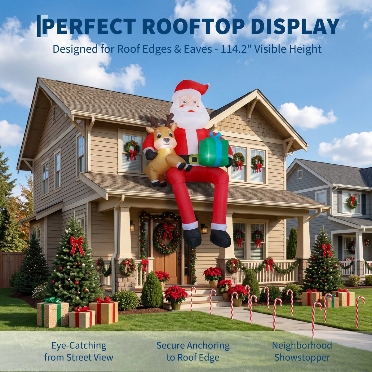 9.5ft Christmas Inflatable Sitting Santa with Reindeer Outdoor Blow Up Yard Decoration Built In LED Lights Lawn Garden Roof Display Holiday Party Winter Festival Home Decor