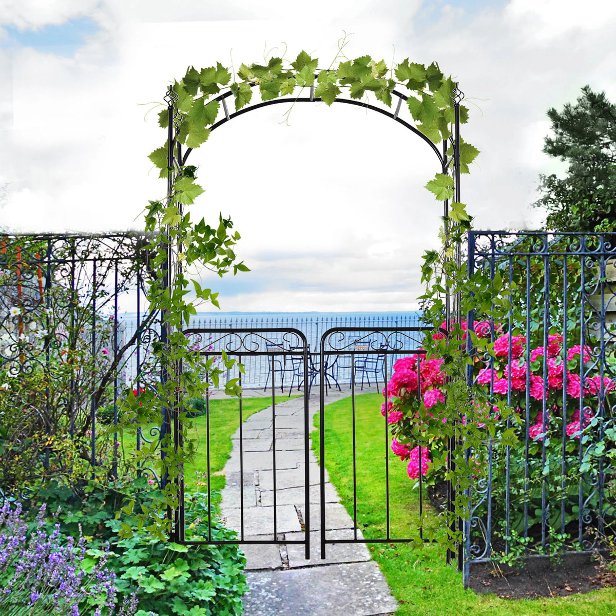2.1M/85" Metal Garden Arbor Arch w/ Gate, Backyard Decor Climbing Planter Frame