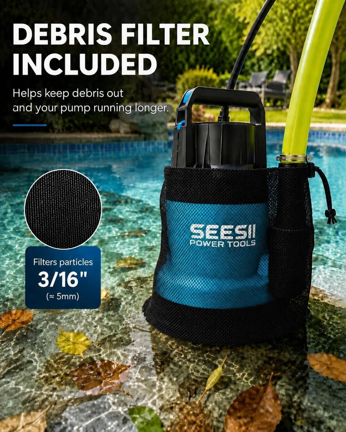 SEESII 1HP Submersible Water Pump Sump Pump for Swimming Pool 4755 GPH High Flow With 23ft Hose Anti-Clogging Filter Bag,Hot Tub, Pond, Flooded Basement, Rooftop, Garden Water Removal