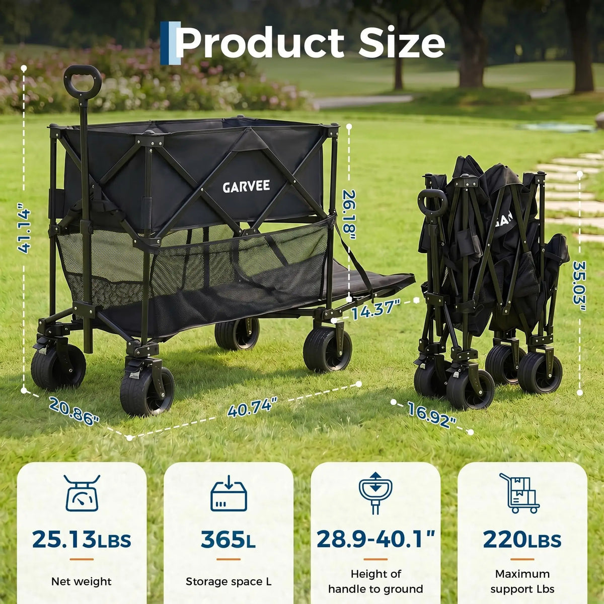 2-Tier Collapsible Garden Wagon Cart 220 lb Heavy-Duty Folding Utility Wagon 120L Expandable Storage All-Terrain Wheels Brakes Cup Holders