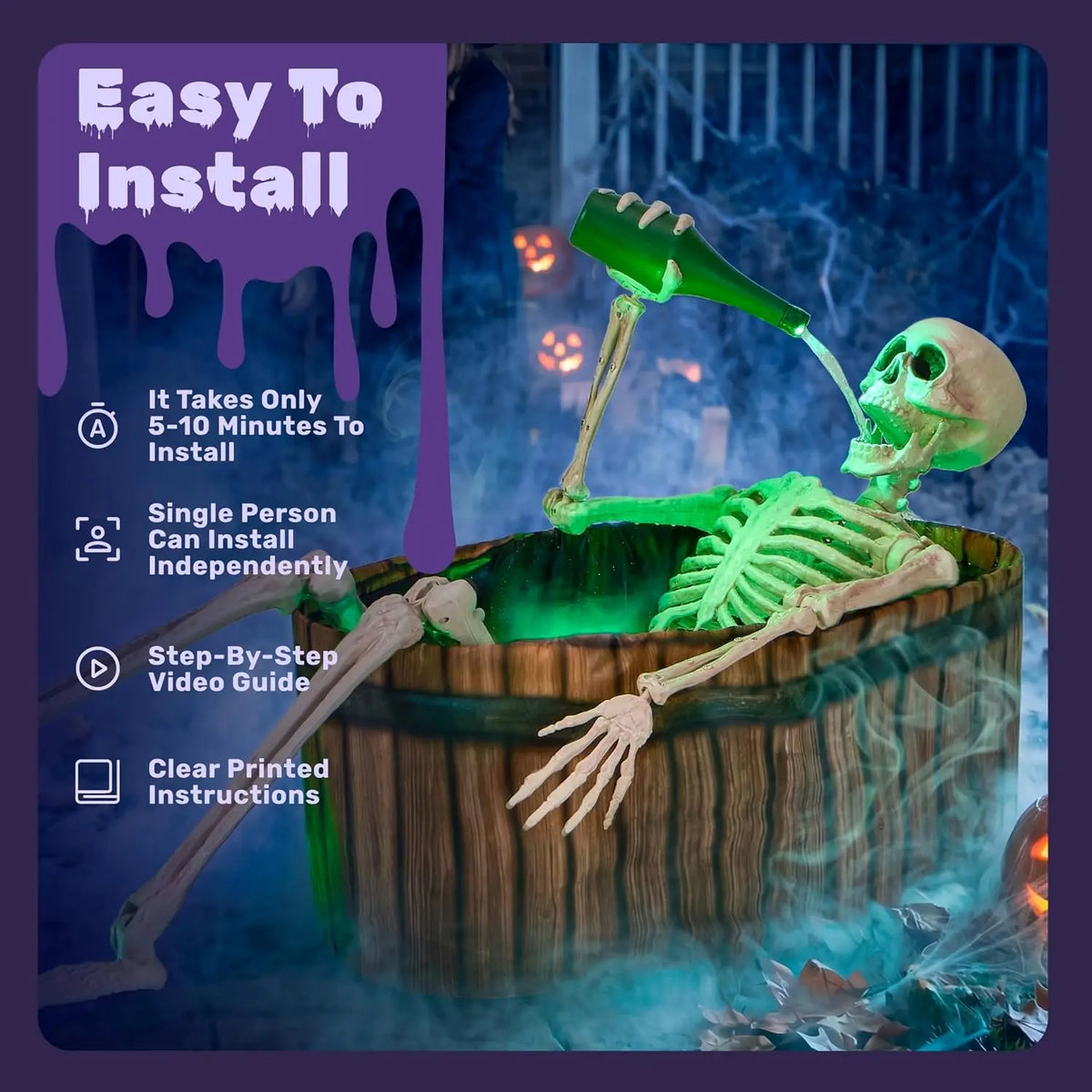Halloween Outdoor Decoration, 5ft Life-Size Animatronic Drinking Skeleton Haunted Prop with Endless Liquid Pouring Effect, Green LED Lights and Spooky Sounds for Garden Yard Lawn