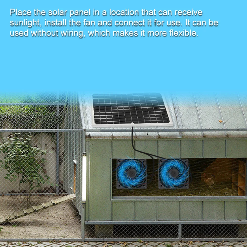 Solar Powered Exhaust Fan Kit Dual Fans Solar Panel Ventilation System Waterproof Low Noise Air Circulation Cooler for Chicken Coop Greenhouse Shed Pet House Outdoor Camping
