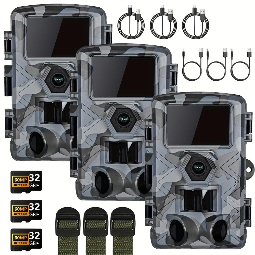 3PCS Trail Camera with WiFi and APP Control, 60MP Hunting Camera, Motion Activated Night Vision, IP66 Waterproof, 120° Wide Angle with 32GB TF Card for Wildlife Monitoring