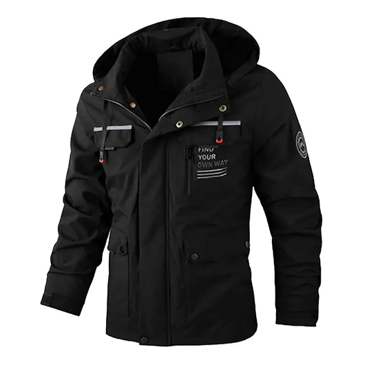 Men's Spring and Autumn Plus Size Multi-Pocket Hooded Windproof Jacket, Sports Casual Outdoor Workwear Loose Jacket