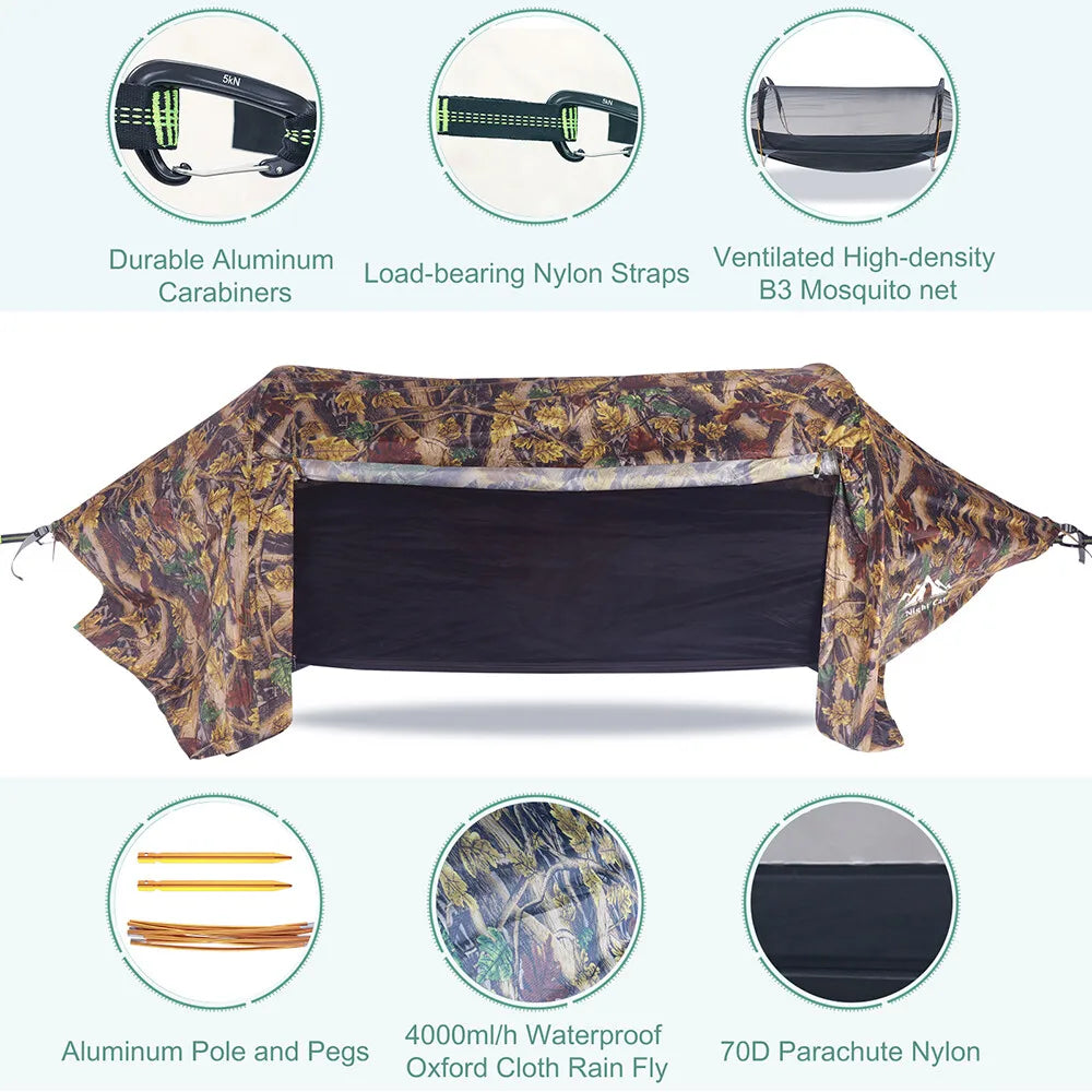 Night Cat 3 in 1 Hammock Tent with Storage Pocket for Sleeping Pad(Exclude) with Bug Net and Rainfly 1 Person Backpacking Camp Tent Waterproof Lightweight 440lbs