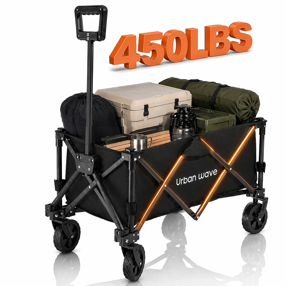 URBANWAVE Collapsible Wagon Cart with Wheels Foldable -Folding Utility Heavy Duty Wagons Carts for Grocery SportsGarden Shopping Camping Wheelbarrows (Black, 160L,450LBS)