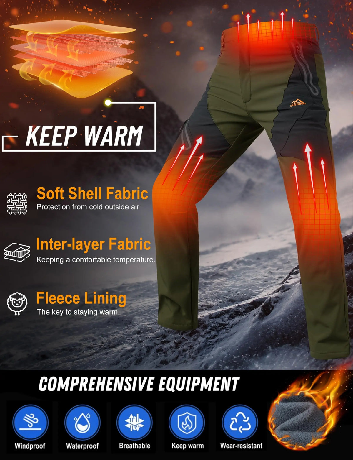 Men's Waterproof Insulated Snow Pants Winter Work Trousers Fleece Lined Windproof Outdoor Pants with 4 Zipper Pockets