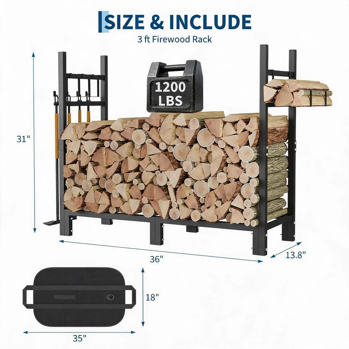 3/4/6/9FT Firewood Rack, 1200/1600/2000/3200 LBS Log Holder With Carrier Bag & Hooks, Indoor Outdoor Wood Storage For Fireplace