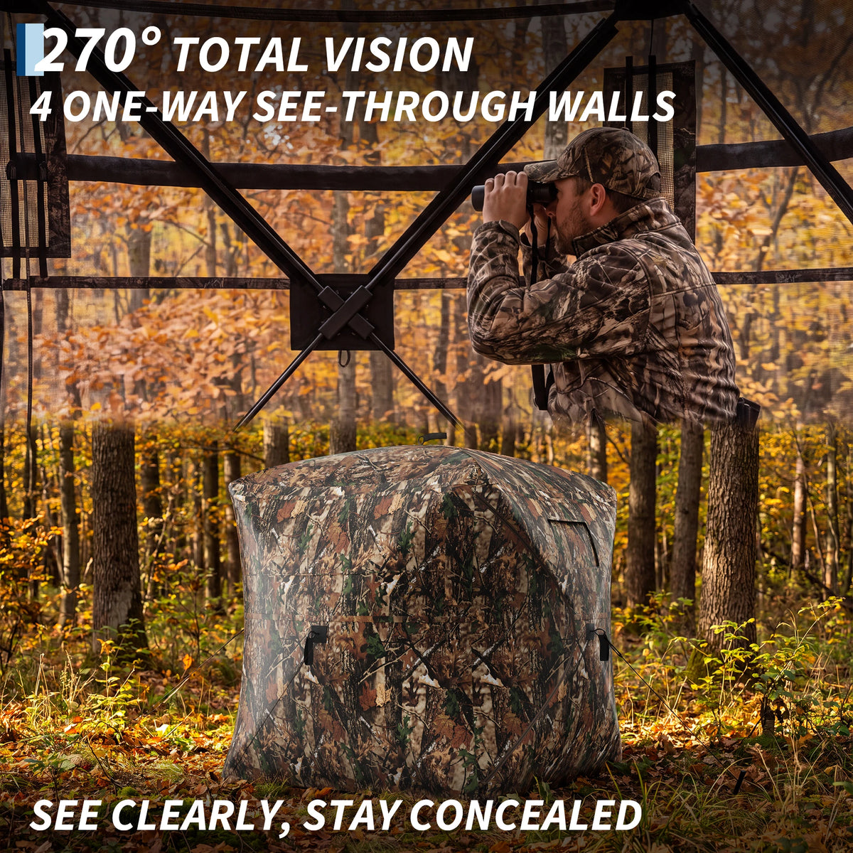 Hunting Blind 270/360 See Through Pop Up Outdoor Blind Tent for Deer Nature Observation Mesh Windows 58"x58"x66"
