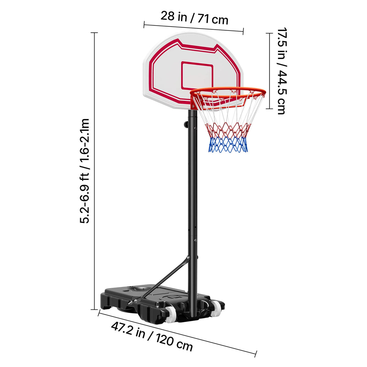 SucceBuy Portable Basketball Stand 5.2 to 6.9 ft/4.43 to 10 ft/10ft Height Adjustment Portable Backboard Set for Patios Poolside