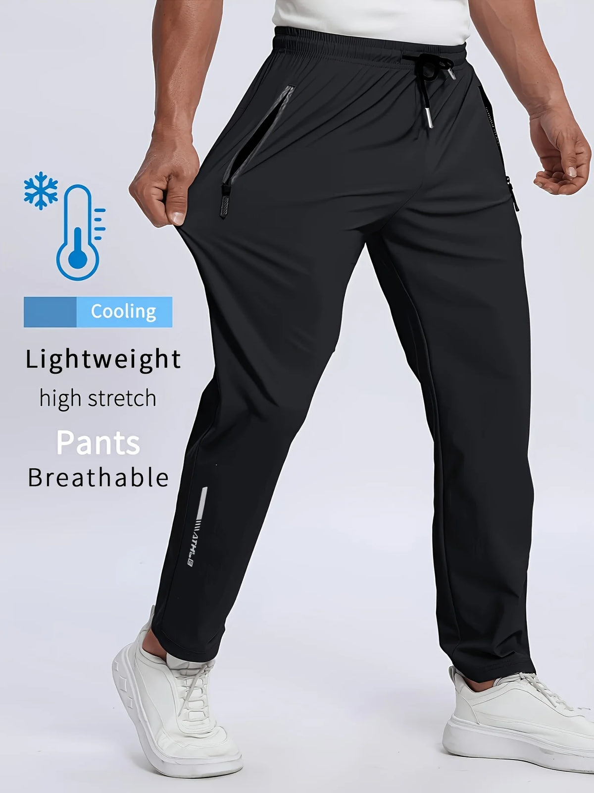 Men Breathable Quick Dry Sports Pants, Moisture Wicking Trousers with Reflective Print, Drawstring Pockets & Zipper Details, Outdoor Fitness Gym Casual Street Wear