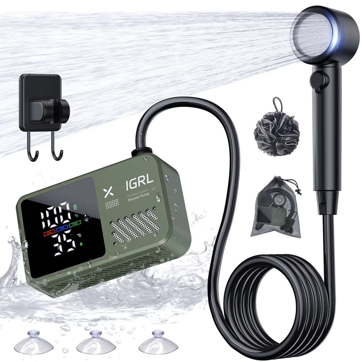 Portable Camping Shower 7800mAh Rechargeable Pump with Digital Display, 4 Water Modes, Bath Sponge, Hiking Travel Car Wash Pet