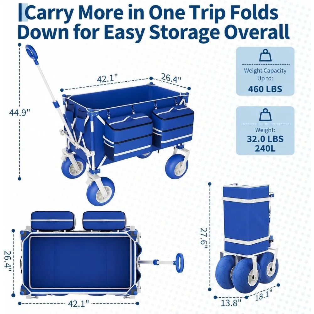 Heavy Duty Beach Wagon Cart 460 Lbs Capacity 9" All-Terrain Wheels Foldable Cart with Adjustable Handle 600D Oxford Fabric for Sand Camping Sports Garden