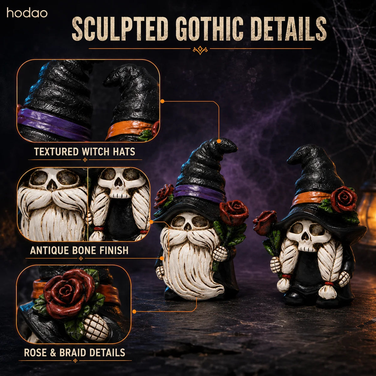 Hodao Resin Halloween Skull Gnome Figurine Set, 2-Piece Gothic Witch Couple with Black Hats, Red Roses, Collectible Shelf Decor