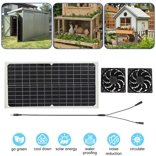 Solar Powered Exhaust Fan Kit Dual Fans Solar Panel Ventilation System Waterproof Low Noise Air Circulation Cooler for Chicken Coop Greenhouse Shed Pet House Outdoor Camping