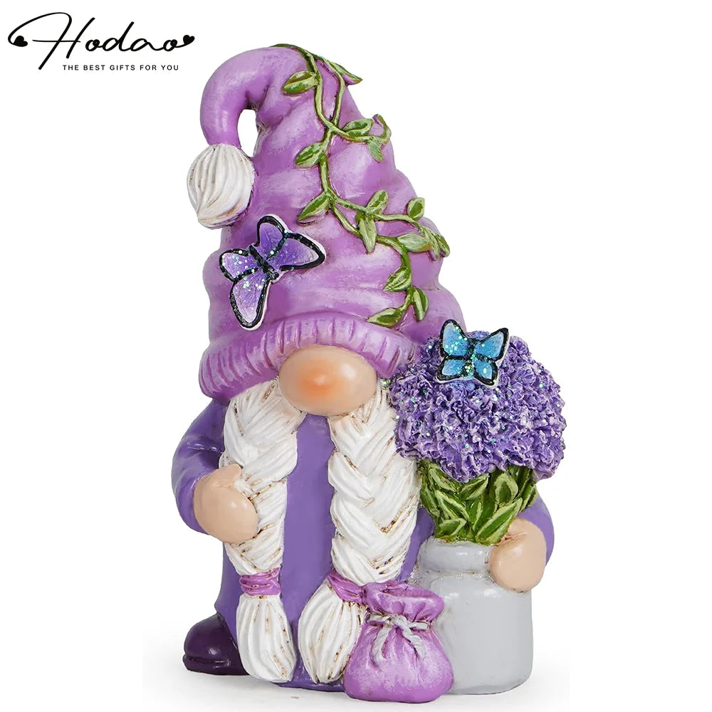 Hodao Lavender Dream Hydrangea Gnome Collectible Figurine, Resin Swedish Tomte Elf Dwarf with Braided White Hair, Butterfly Accents, Vine Hat and Potted Flowers, Spring Summer Garden Tabletop Decor for Shelf Mantel Desk Indoo