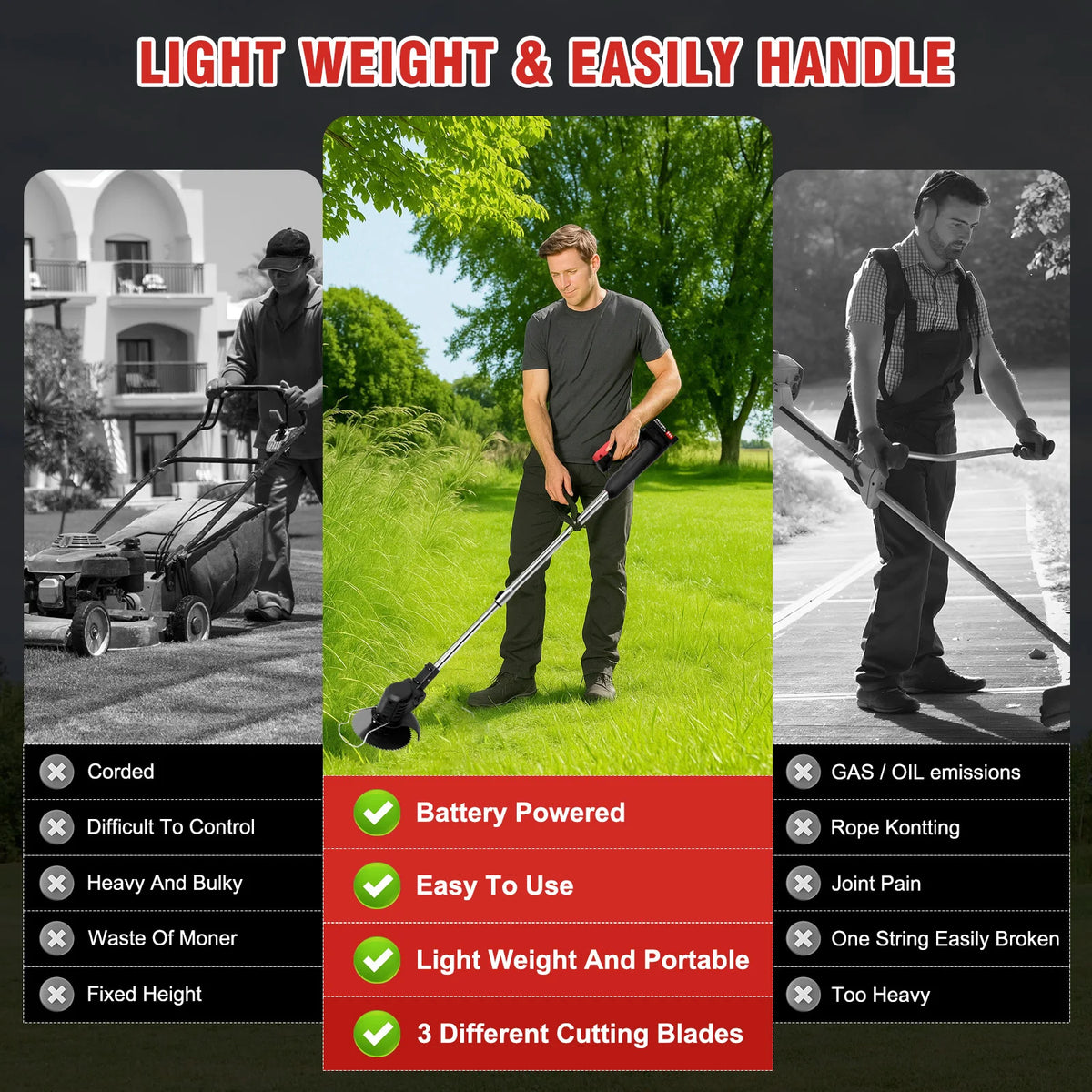 3-in-1 Grass Trimmer U-Handle 21V Weed Whacker Lawn Mowers 31.50-48.03 Inches Telescopic with 3 Blades 2 Batteries & Charger for Yard Garden Lawn & Shrub Trimming
