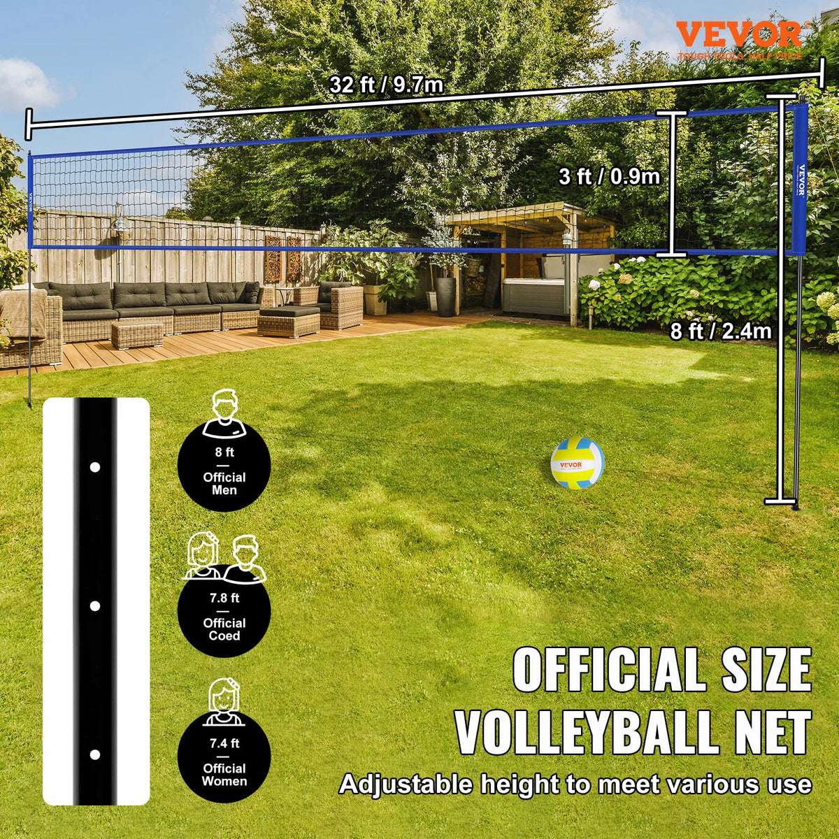 SucceBuy Outdoor Volleyball Net System Adjustable Height Steel Poles with PVC Volleyball Pump Carrying Bag for Beach Lawn