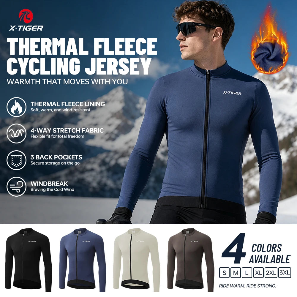 X‑TIGER Thermal Fleece Long Sleeve Cycling Jersey Fit Wind Resistant Full Zip Bike Jersey With Rear Pockets For Men Winter Warm MTB Road Cycling Clothing