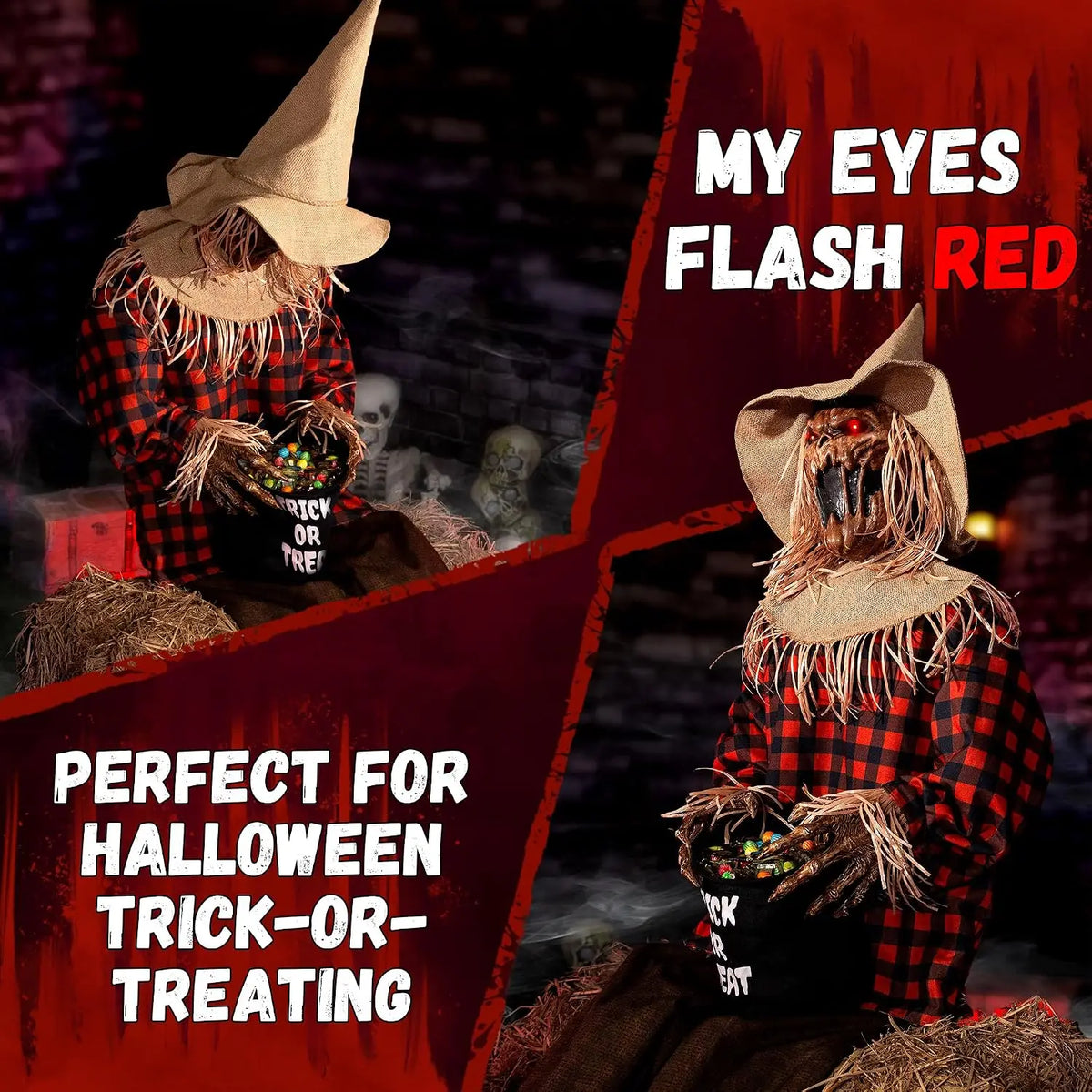 55'' Scary Halloween Animatronic Sitting Scarecrow with Candy Bag, Sound & Motion Activated Jumpscare Prop, Lighted Eyes, Creepy Sounds, Outdoor Haunted House Decoration
