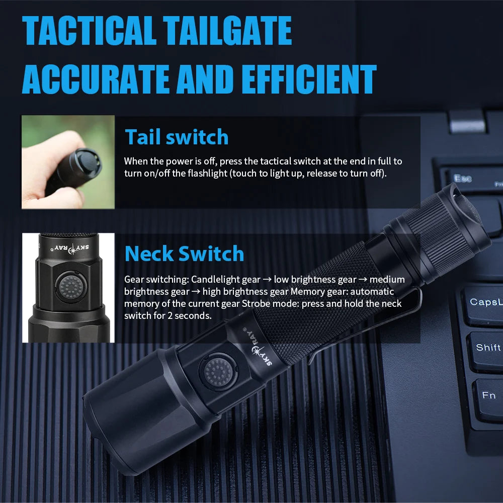 SKYRAY ST15 2500Lumen Tactical LED Flashlight Type-C Rechargeable LED Clip IP68 Waterproof 315M Light Range Camping Hiking Hunting Emergency Self Defense LED Torch US