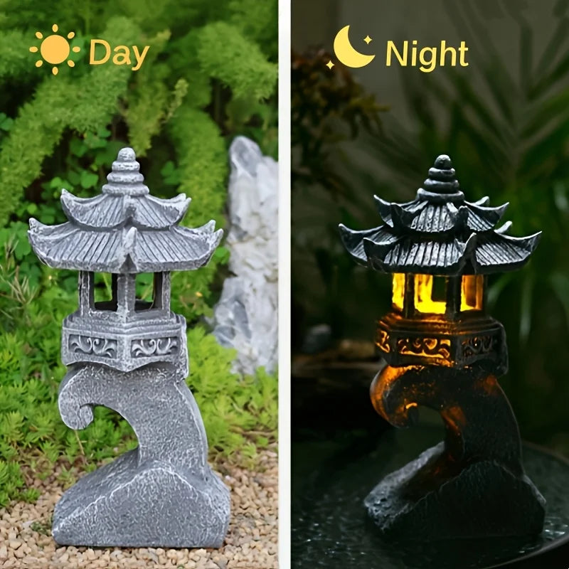 Outdoor Garden Solar Statue Light, Solar Pagoda Lantern Garden Statue, Solar Outdoor Zen Inspired Imitation Stone Palace Lantern Ornament, Zen Pagoda Lantern Garden Outdoor Statue, Decoration for Courtyard Landscape