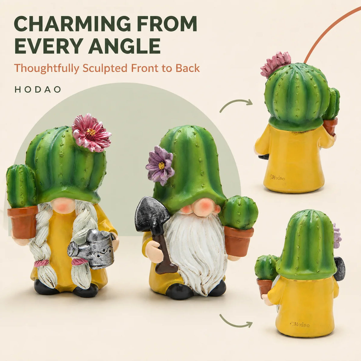 Hodao 2-Piece Cactus Gnome Figurine Set, Resin Gardener Couple with Flowering Succulent Hats, Potted Plants, Watering Can and Trowel, Collectible Farmhouse Tabletop Decor for Kitchen Shelf, Patio, Sunroom, Housewarming, Birth