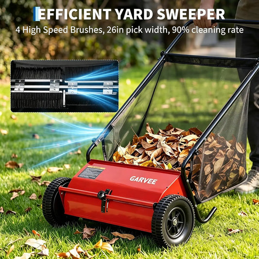 Tacleekii Push Lawn Sweeper 26 Inch Leaf & Grass Collector 7 Cu.ft. Hopper Bag 4 High-Speed Brushes Walk-Behind Leaf & Grass Collector for Driveway Patio & Garden