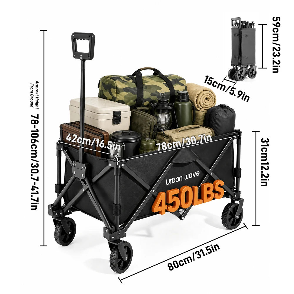 URBANWAVE Collapsible Wagon Cart with Wheels Foldable -Folding Utility Heavy Duty Wagons Carts for Grocery SportsGarden Shopping Camping Wheelbarrows (Black, 160L,450LBS)