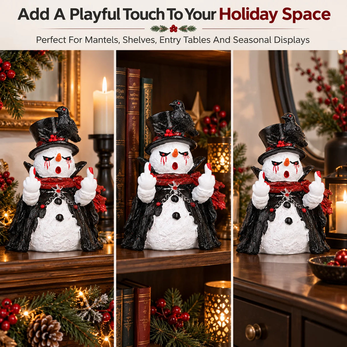 Hodao Gothic Christmas Snowman Figurine, Cute Funny Resin Statue with Black Raven, Top Hat Red Scarf and Cloak, Collectible Halloween Tabletop Decor for Shelf Mantel Office Desk Entryway Bedroom, Winter Holiday Party Display,