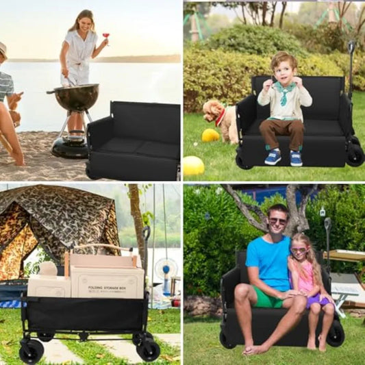 Collapsible Heavy Duty Wagon Bench Love Seat with Big Wheels for Sand Camping Shopping Sports - 500 LBS Capacity Durable Fabric