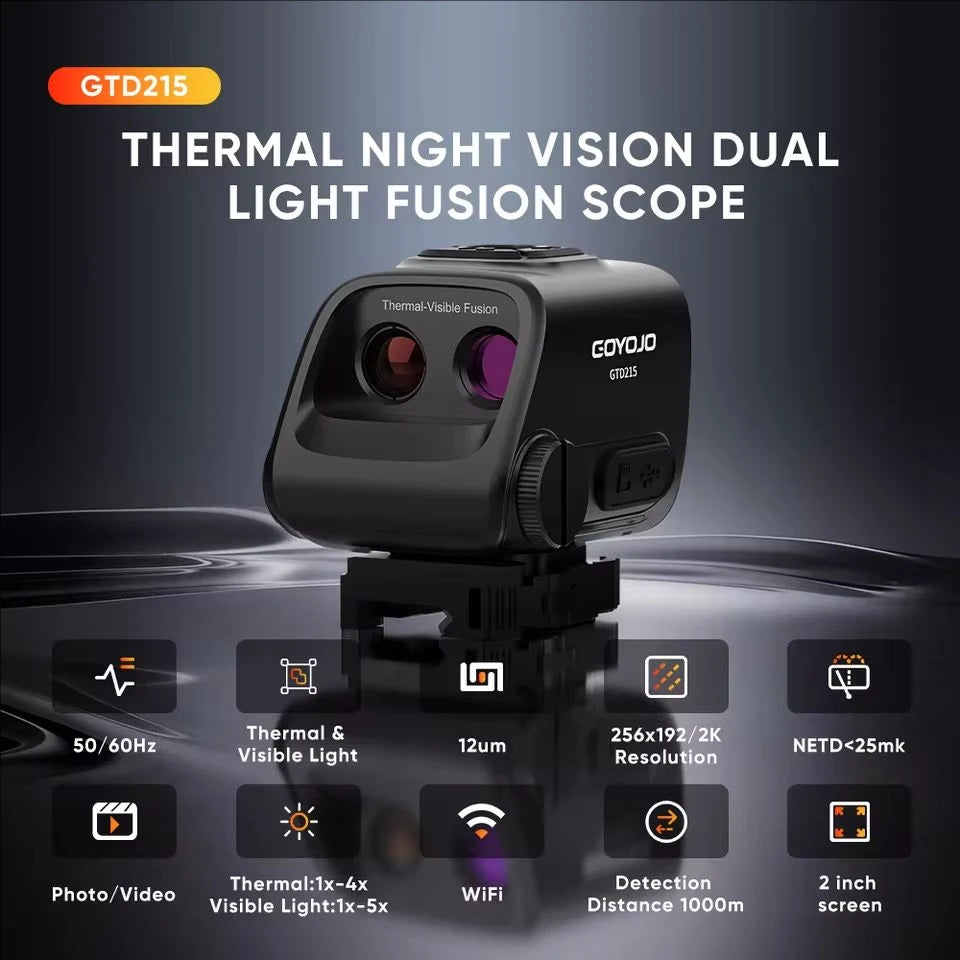 GOYOJO Multispectral Thermal Scope，256 Thermal Fusion Scope, Dual Spectra Thermal/Night vision scope Hunting, 2K Optical Channel, WiFi PIP Video Rec, 16GB storage