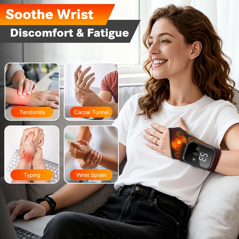 Heated Wrist Brace 3 Heat Levels 3 Vibration Modes Rechargeable Black Wrap Adjustable Strap Type-C for Office Typing Home