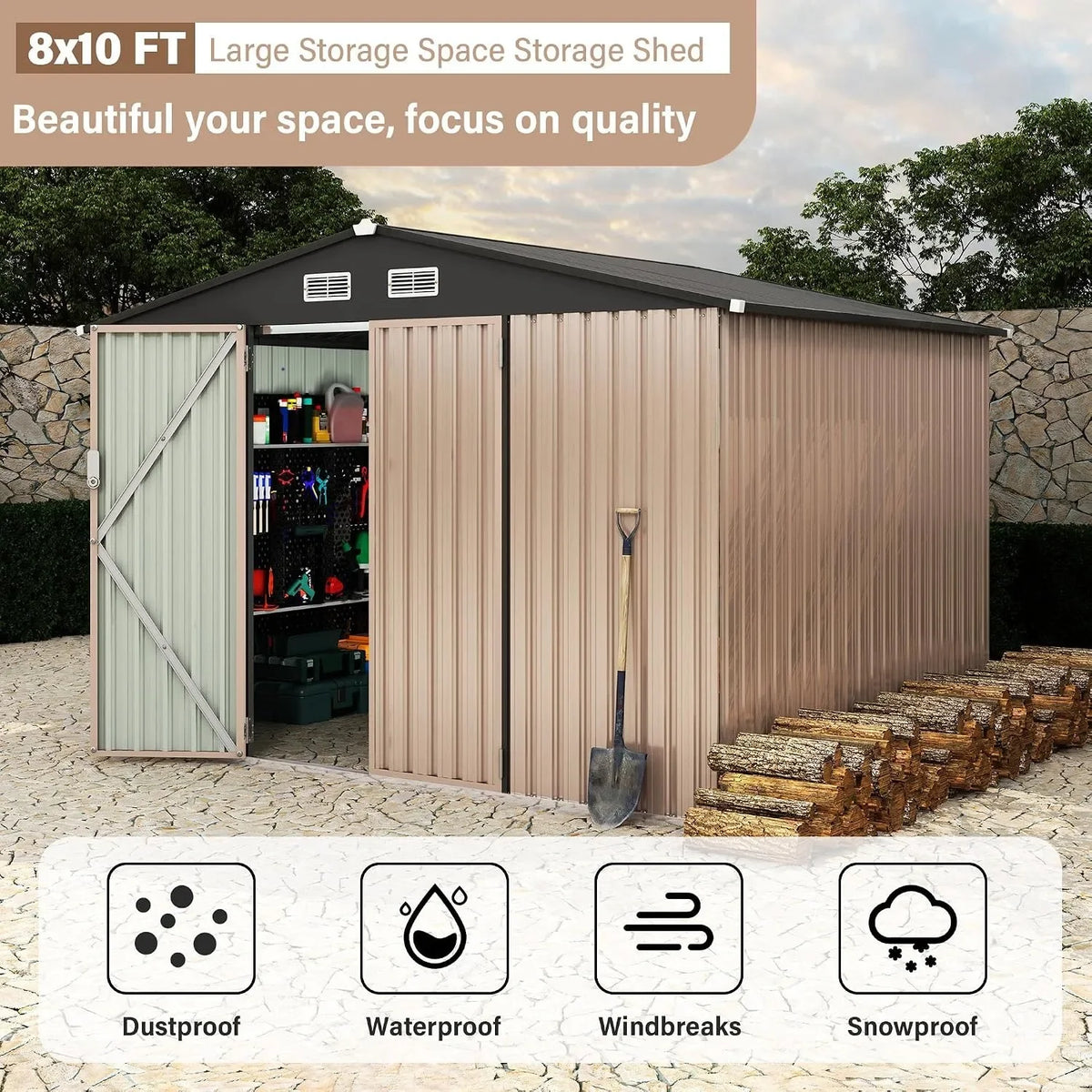 Outdoor Metal Storage Shed 8x10FT with Lockable Door & Ventilation System, Large Garden Tool Shed for Backyard Patio, Weather Resistant Storage House for Lawn Equipment Tools