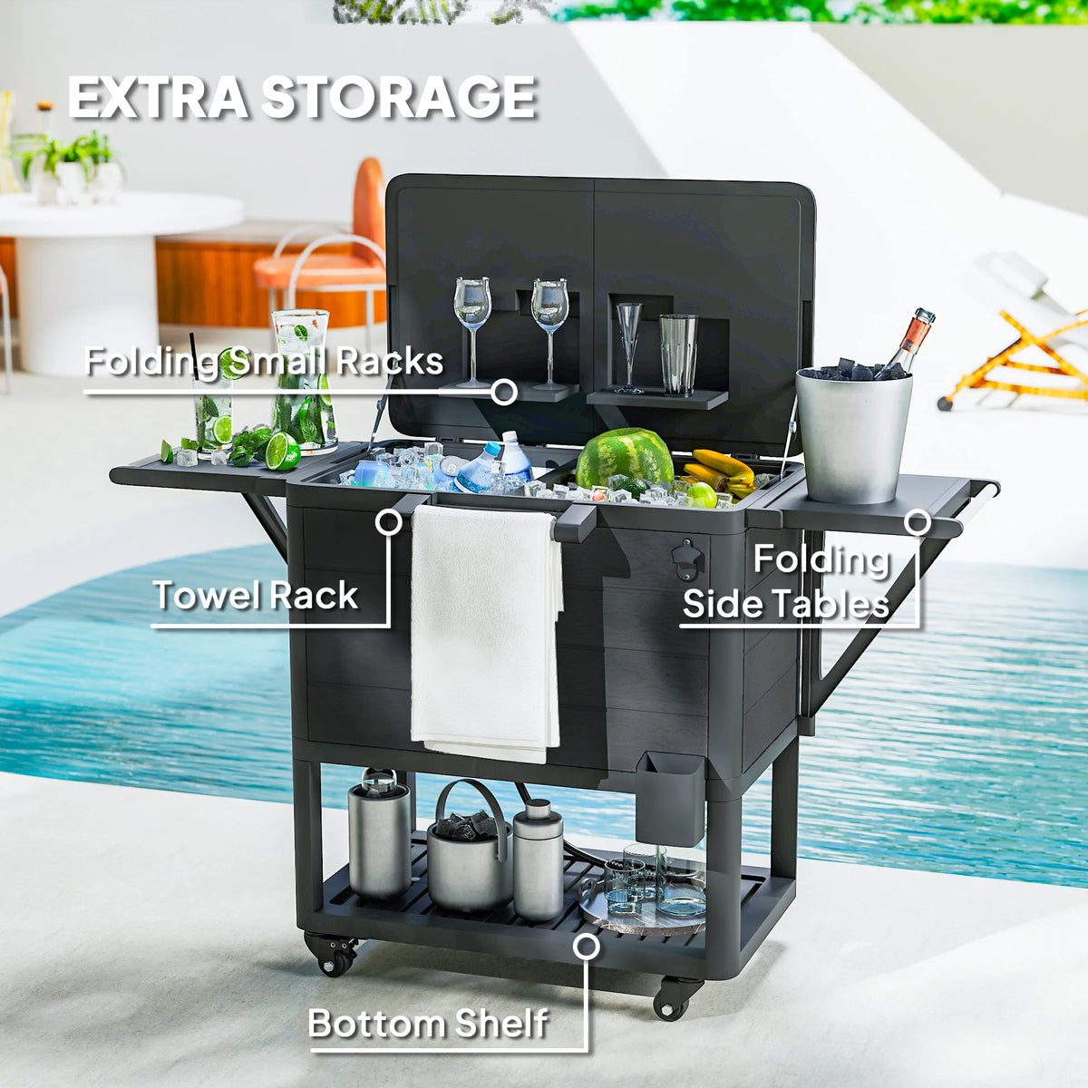 Patio Cooler Cart 104 Quart Rolling Ice Chest with Shelves, Black